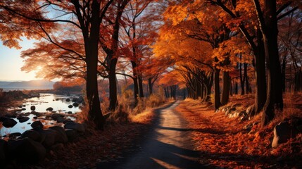 Naklejka na ściany i meble Beautiful Lake and Forest in Autumn. Fall Season Landscape. Generative AI illustration. 