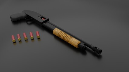 Naklejka premium Pump action shotgun on a grey background with shells.