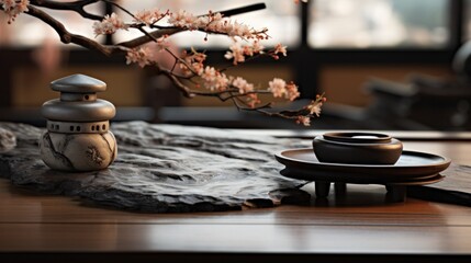3D Wooden table top with tree branch on traditional Japanese table. Japanese zen decorations.