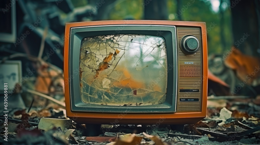 Poster a slightly distorted retro television with an outdated design and a broken off antenna. old analog t