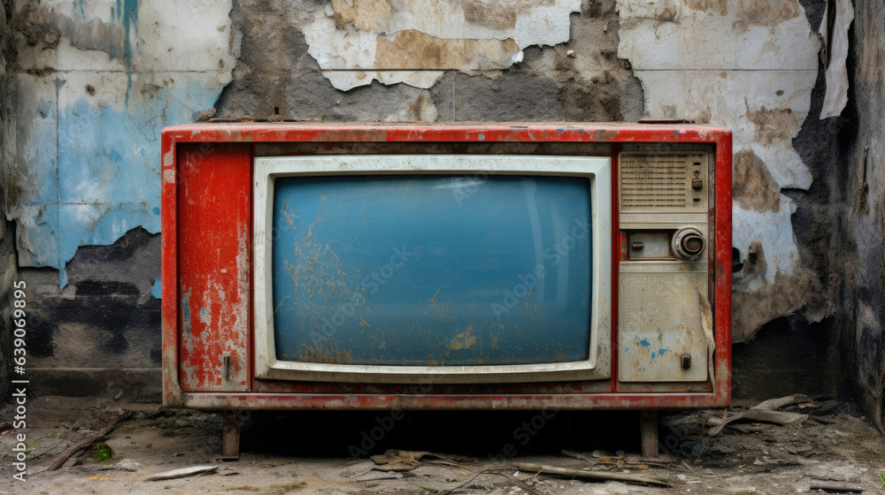 Poster an ancient boxy television set hidden in the corner of an abandoned factory has two antennae stretch