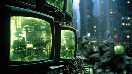A worn and tattered television showing footage of a corrupted robot city. Old Analog TV