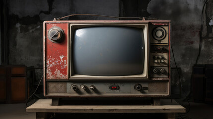 An old style television with a mostly grey design. The front of the television is a curved piece of metal with one large on the right side for changing the channel Old Analog TV