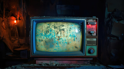 An old decrepit television set with a fizzling neon light flickering on and off Old Analog TV
