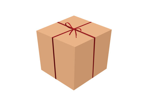 Paper box tied with plastic raffia rope. Simple flat illustration in perspective view. 