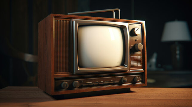 A squarish brown TV with several bed ons down the front for adjusting in the 80s. Old Analog TV