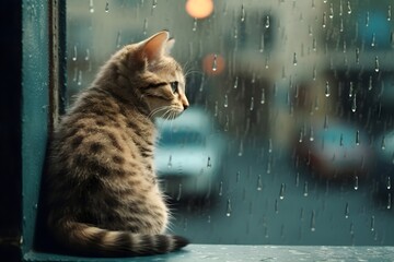 雨が降っている様子を眺める猫 - obrazy, fototapety, plakaty