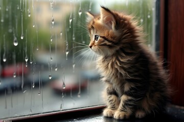Naklejka premium 雨が降っている様子を眺める猫