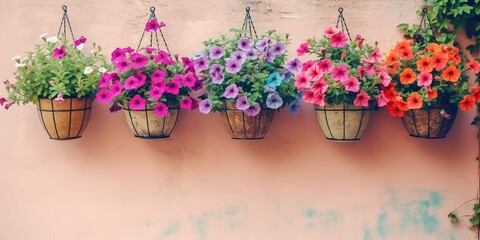 Fototapeta na wymiar Several hanging planters with multi - colored petunia flowers against summer cottage wall