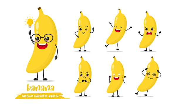 cute banana cartoon with many expressions. fruit different activity pose vector illustration flat design set.