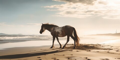 Side view of horse walking on sandy beach against sky during sunny day