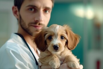 Handsome young veterinarian holding cute puppy in clinic, closeup