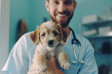 Portrait of smiling veterinarian holding cute puppy in hands. Selective focus.