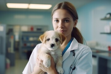 Female veterinarian holding a small puppy in her arms. She is wearing a stethoscope.