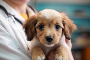 Cute puppy of cavalier king charles spaniel in the hands of a veterinarian