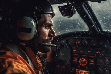 Close-up portrait photography of a seasoned pilot navigating through stormy weather with unwavering focus 