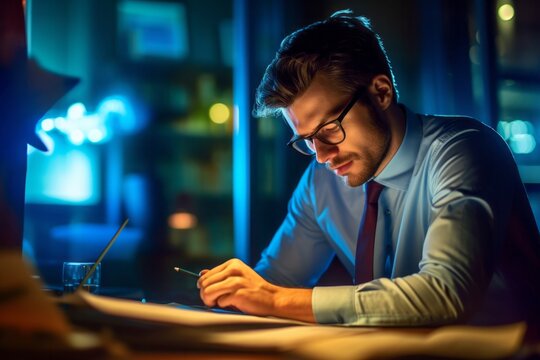business, startup, people and technology concept - smiling businessman working with papers at night office