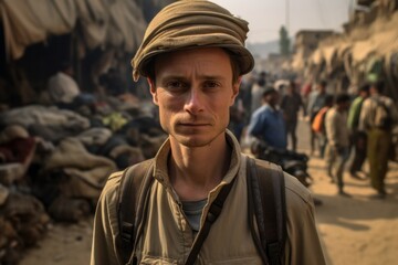 Close-up portrait photography of an intrepid journalist reporting from a conflict zone 