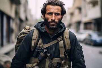 Fototapeta premium Portrait of a bearded man with a backpack and binoculars