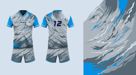 Sport jersey template mockup grunge abstract design for football soccer, racing, gaming, gray, blue color
