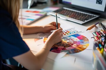Close-up of female artist drawing sketches on the table in office