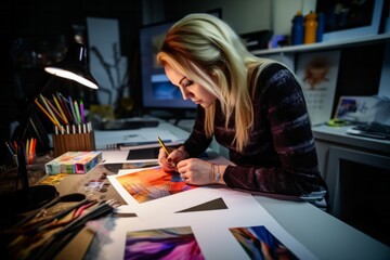 Female fashion designer working in studio at night. Portrait of young fashion designer working at her desk.
