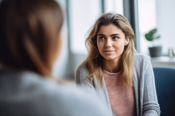 selective focus of psychologist talking to young woman at therapy session in clinic
