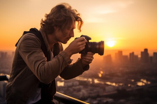 Photographer with camera on the roof of a skyscraper at sunset
