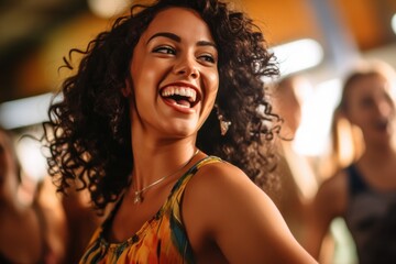 Close-up portrait photography of an energetic dancer leading a group in a lively salsa class 