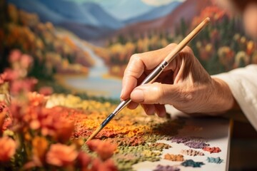 Female artist paints a picture of a mountain landscape with a brush.