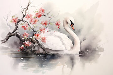 Image of white swan with pink cherry blossoms in ancient chinese style. Wildlife Animals. Nature. Illustration, Generative AI.