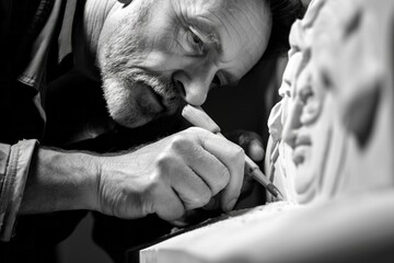 Close up of a craftsman carving a marble sculpture in his workshop