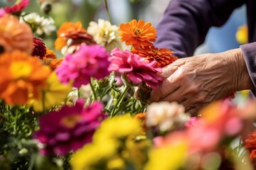 Close up shot of an elderly woman's hands taking care of flowers.