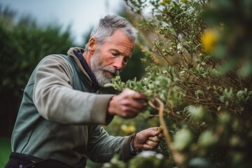 Elderly man pruning a shrub in the garden.