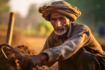 Portrait of Indian farmer working in the field. Selective focus.