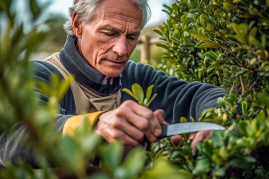 Close-up portrait photography of an experienced gardener pruning a tree to promote healthy growth