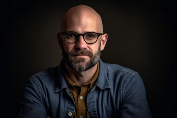 Portrait of a bald man with glasses on a dark background.