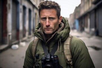 Fototapeta premium Portrait of a photographer with a camera in his hand in an urban setting