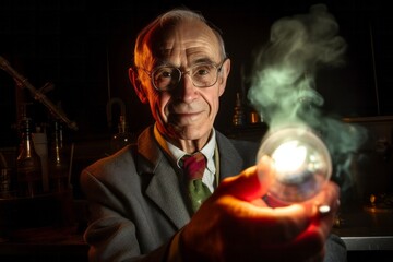 Elderly man holding a glowing light bulb in his hand.