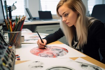 Headshot portrait photography of a skilled graphic designer creating a vibrant brand logo 