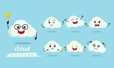 cute cloud cartoon with many expressions. cloud different activity pose vector illustration flat design set.