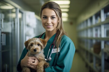 Portrait of a female veterinarian holding a dog in a veterinary clinic