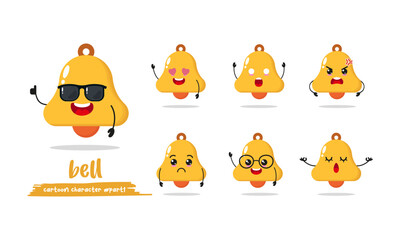 cute bell cartoon with many expressions. bell different activity pose vector illustration flat design set with sunglasses.