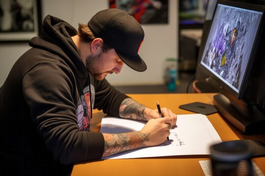 Young tattooed man sitting at his desk in front of a computer and making notes