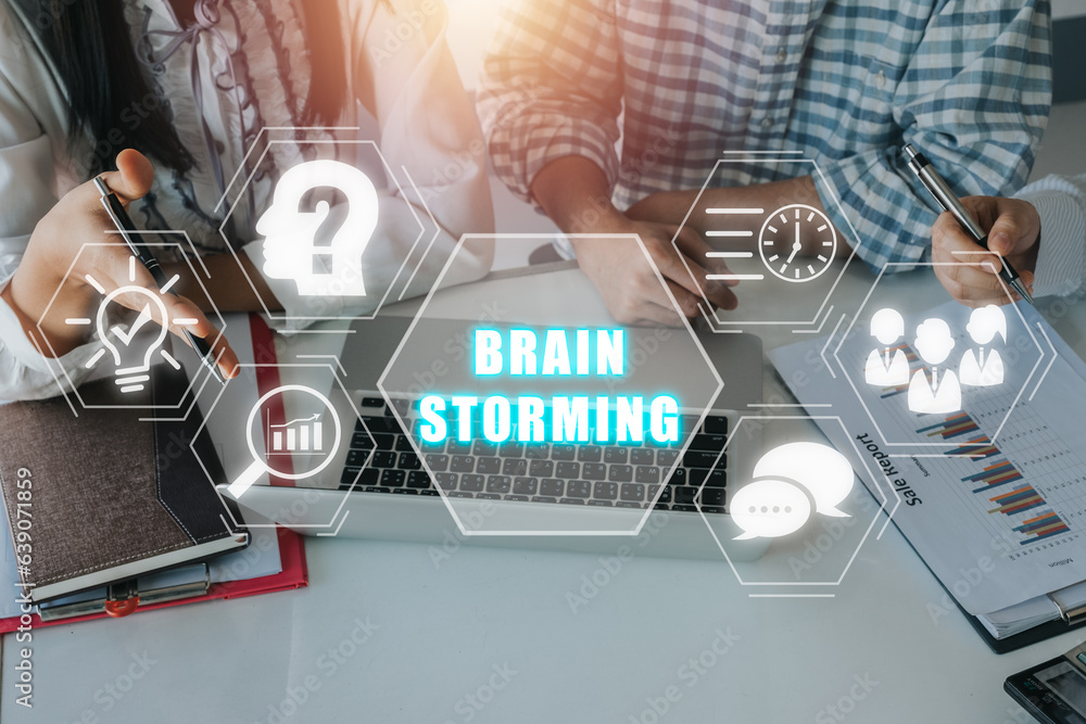 Poster brain storming concept, business team working on laptop computer with brain storming icon on virtual
