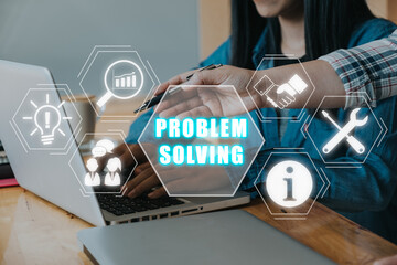 Problem solving concept, Business team working on laptop compuer on desk with problem solving icon...