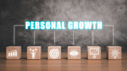 Personal growth concept, Wooden block on desk with personal growth icon on virtual screen,...