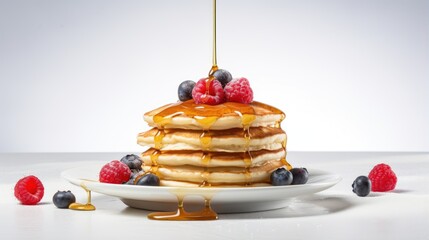 Image of pancakes adorned with a drizzle of maple syrup and fresh berries. - obrazy, fototapety, plakaty