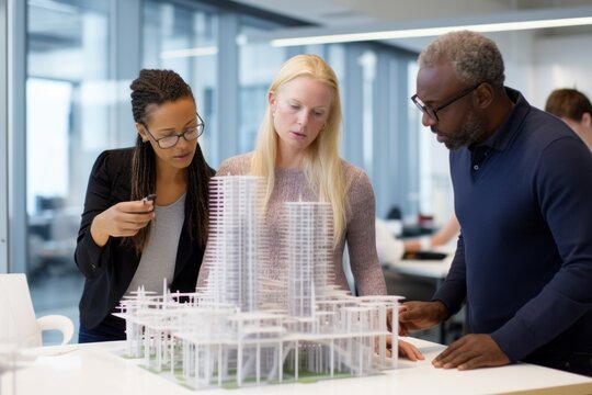 Front view of a diverse group of business people discussing over a building model in a modern office
