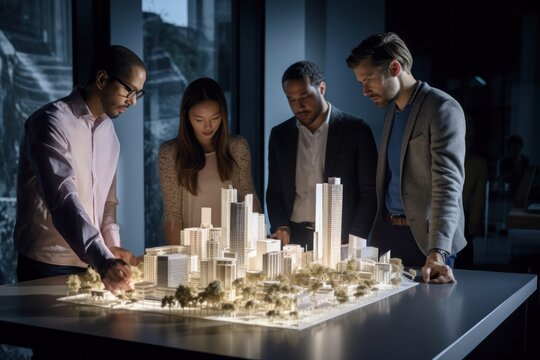 Group of business people looking at model of building on table in office